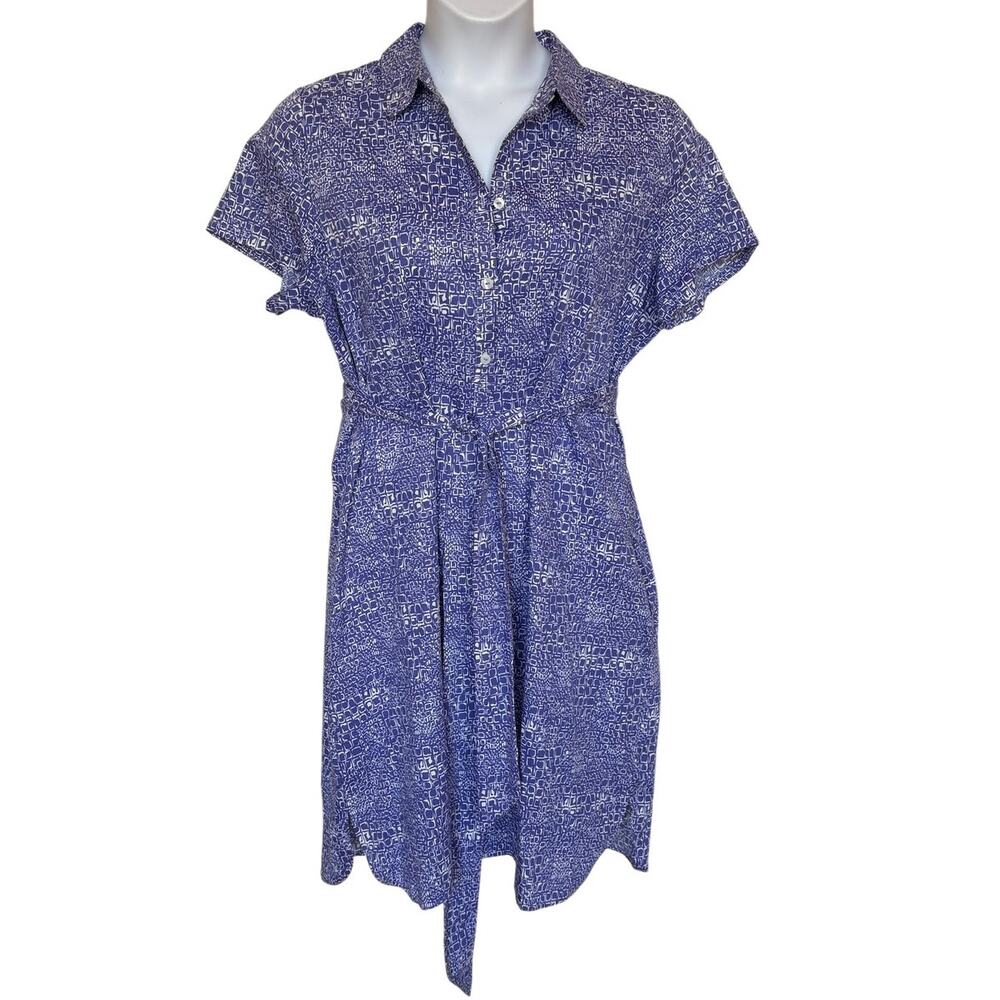Foxcroft Short Sleeve Cotton Shirtdress with Pockets and Tie Purple Croc size 16